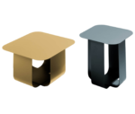 True Fiocco table in elevated view with square top with softened corners and curved metal base in different sizes.