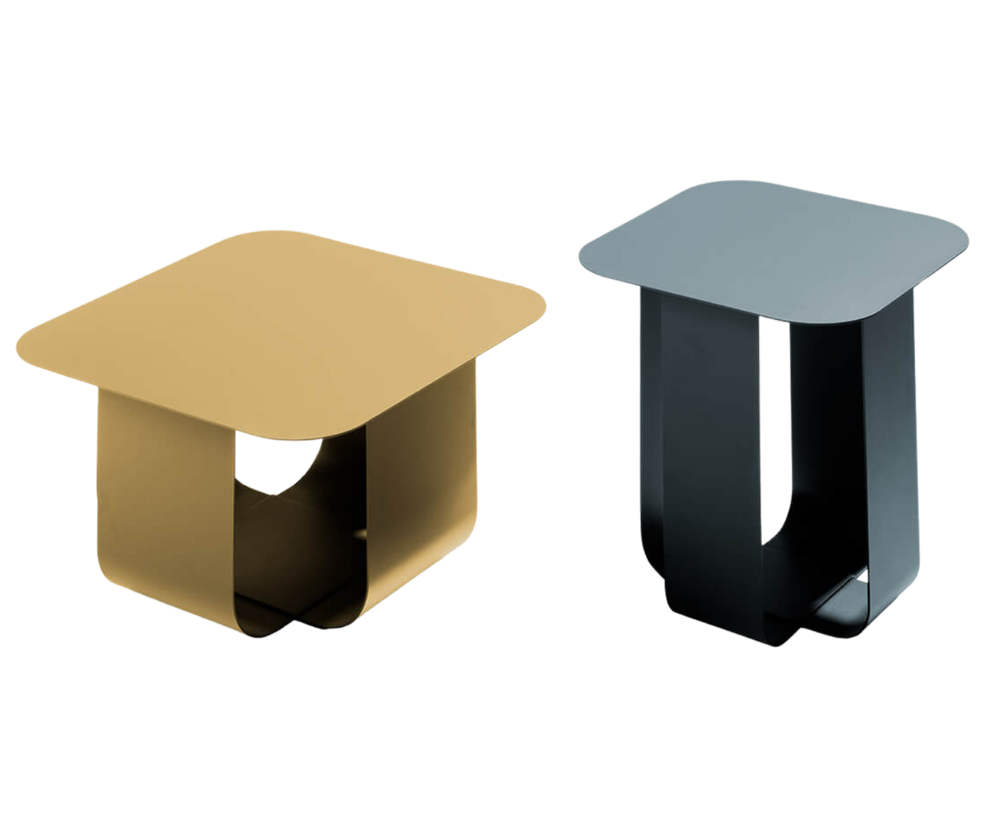 True Fiocco table in elevated view with square top with softened corners and curved metal base in different sizes.