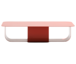 True Fiocco table with wide rectangular top and curved metal base in red finish.