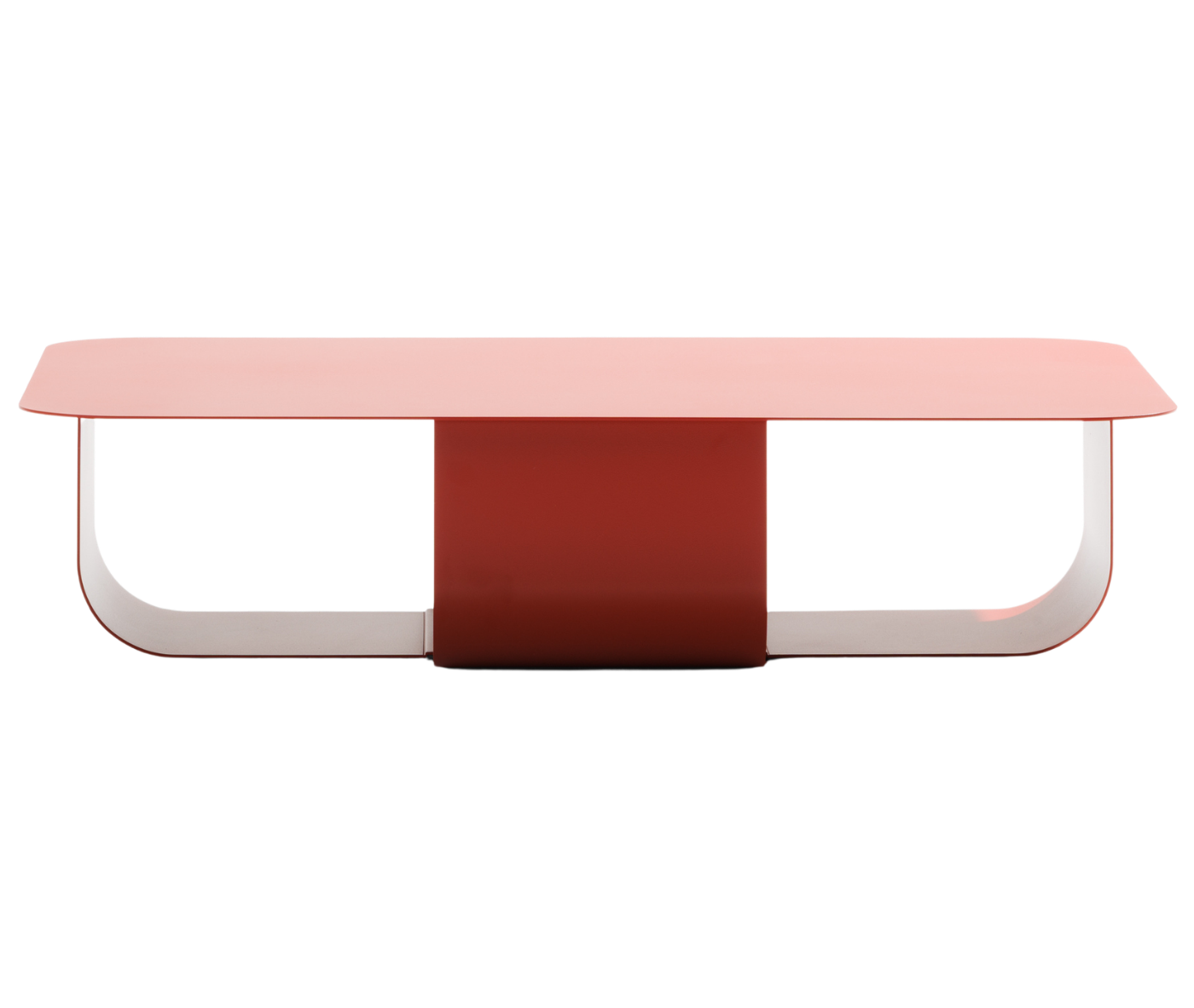 True Fiocco table with wide rectangular top and curved metal base in red finish.