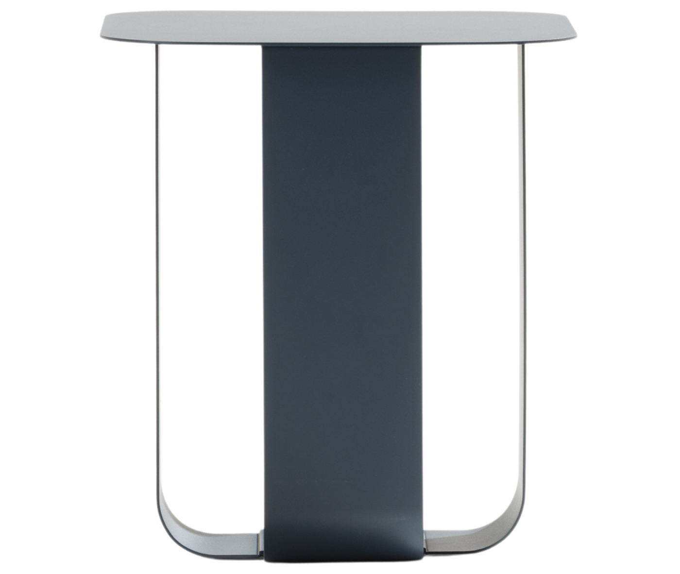 True Fiocco table with rectangular top and elongated curved metal base.