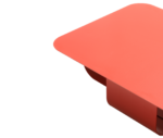 Detail of True Fiocco table with red rectangular top, rounded edges and metal base.