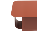 Half close-up of True Fiocco table with rounded tabletop and curved metal base.