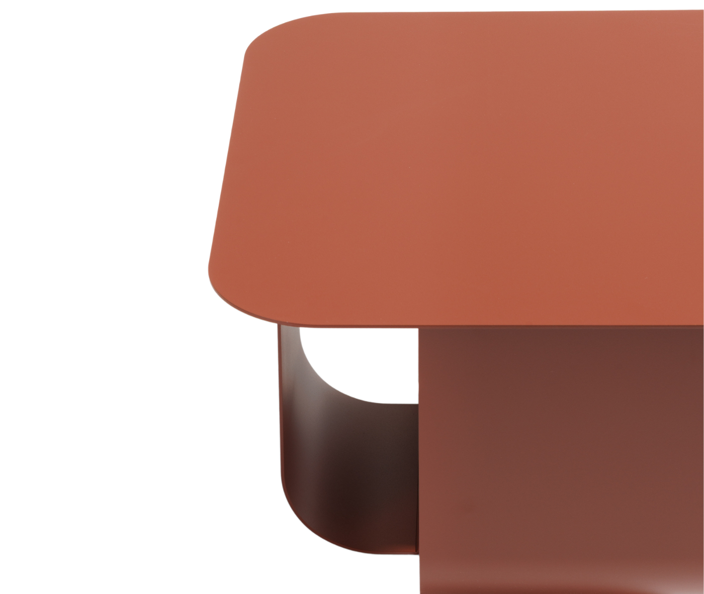 Half close-up of True Fiocco table with rounded tabletop and curved metal base.