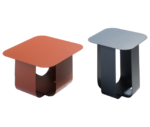 True Fiocco table with square top with softened corners and curved metal base in different sizes.