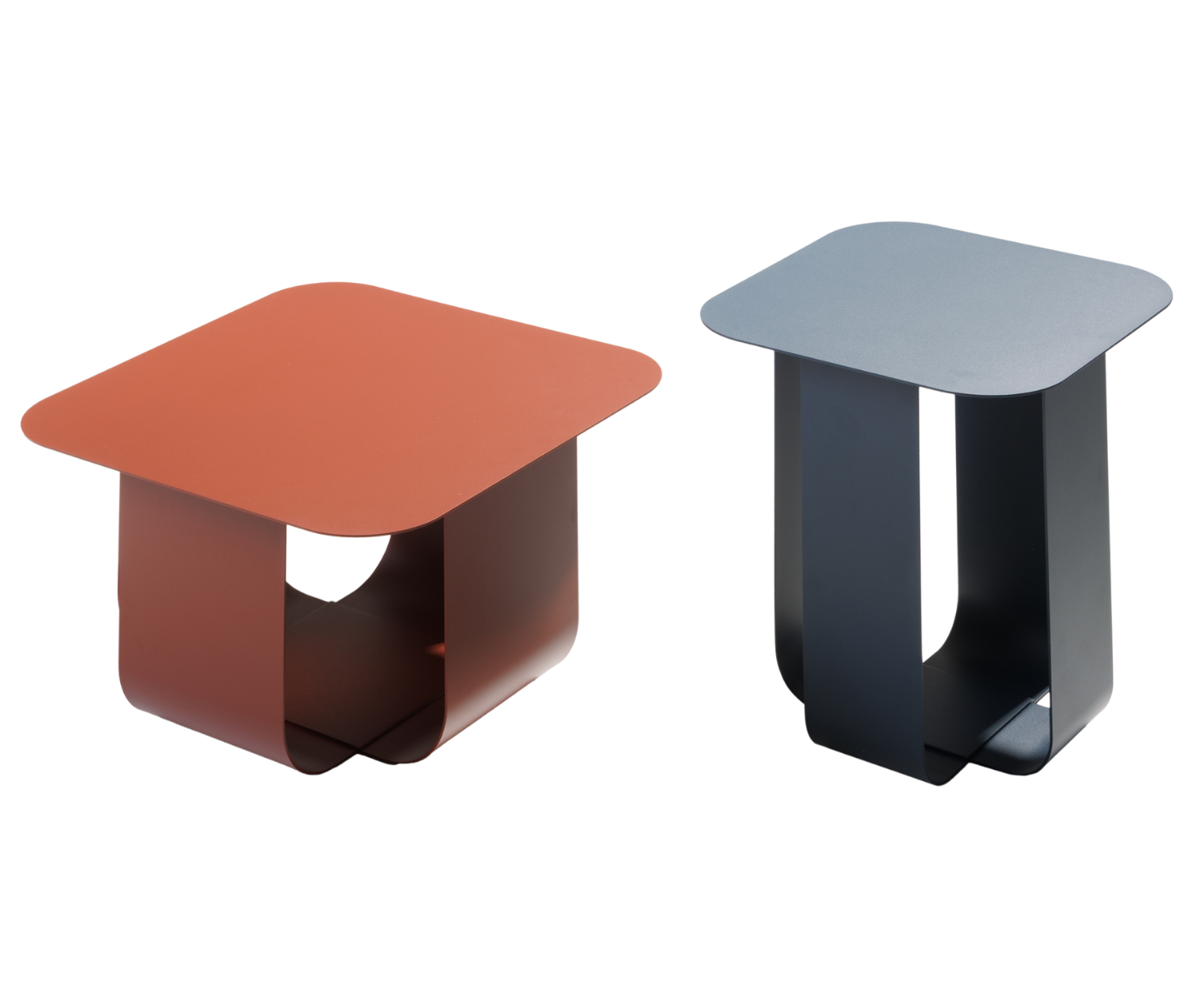 True Fiocco table with square top with softened corners and curved metal base in different sizes.