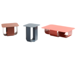 True Fiocco tables in elevated view, with assorted sizes, finishes and tabletop shapes with curved folded metal bases.