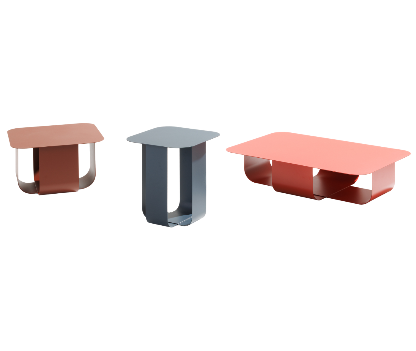 True Fiocco tables in elevated view, with assorted sizes, finishes and tabletop shapes with curved folded metal bases.