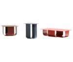 True Fiocco tables lined up in assorted sizes, finishes and tabletop shapes with curved folded metal bases.