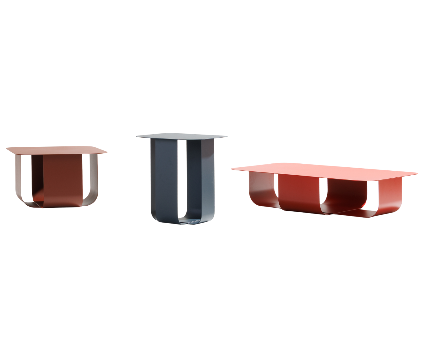 True Fiocco tables lined up in assorted sizes, finishes and tabletop shapes with curved folded metal bases.