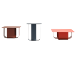 True Fiocco tables in front view, in assorted sizes, finishes and tabletop shapes with curved folded metal bases.