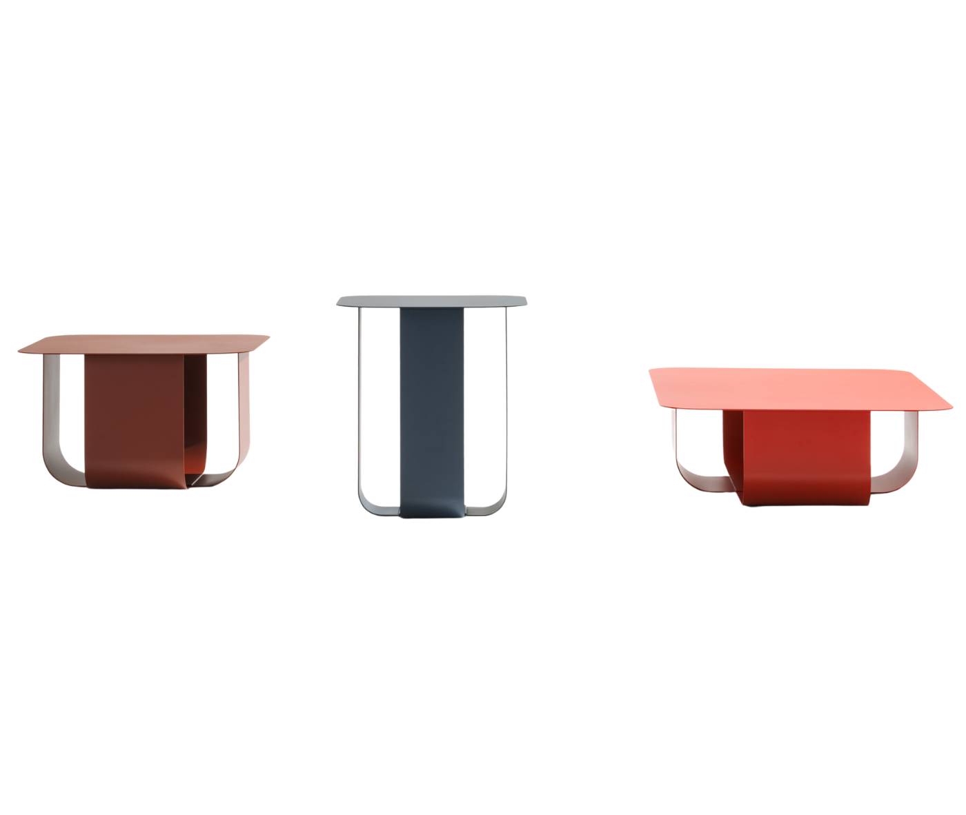 True Fiocco tables in front view, in assorted sizes, finishes and tabletop shapes with curved folded metal bases.