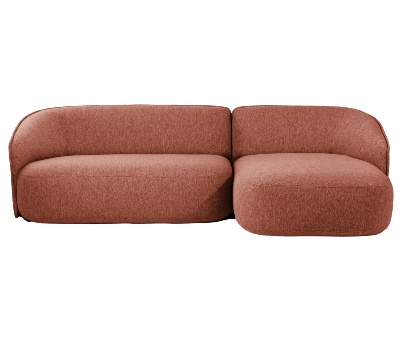 True Sibylla modular sofa shown in front view, dusty red upholstery and elongated seat module.