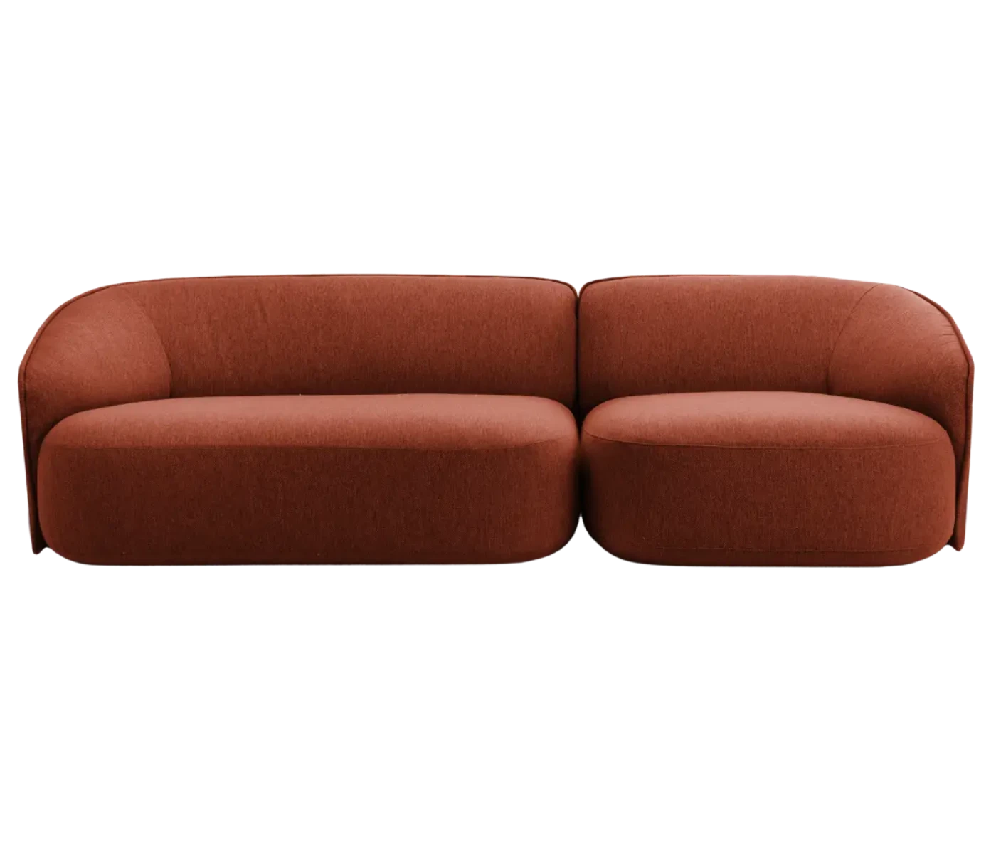 True Sibylla modular sofa shown in front view, terracotta red upholstery and curved backrest.