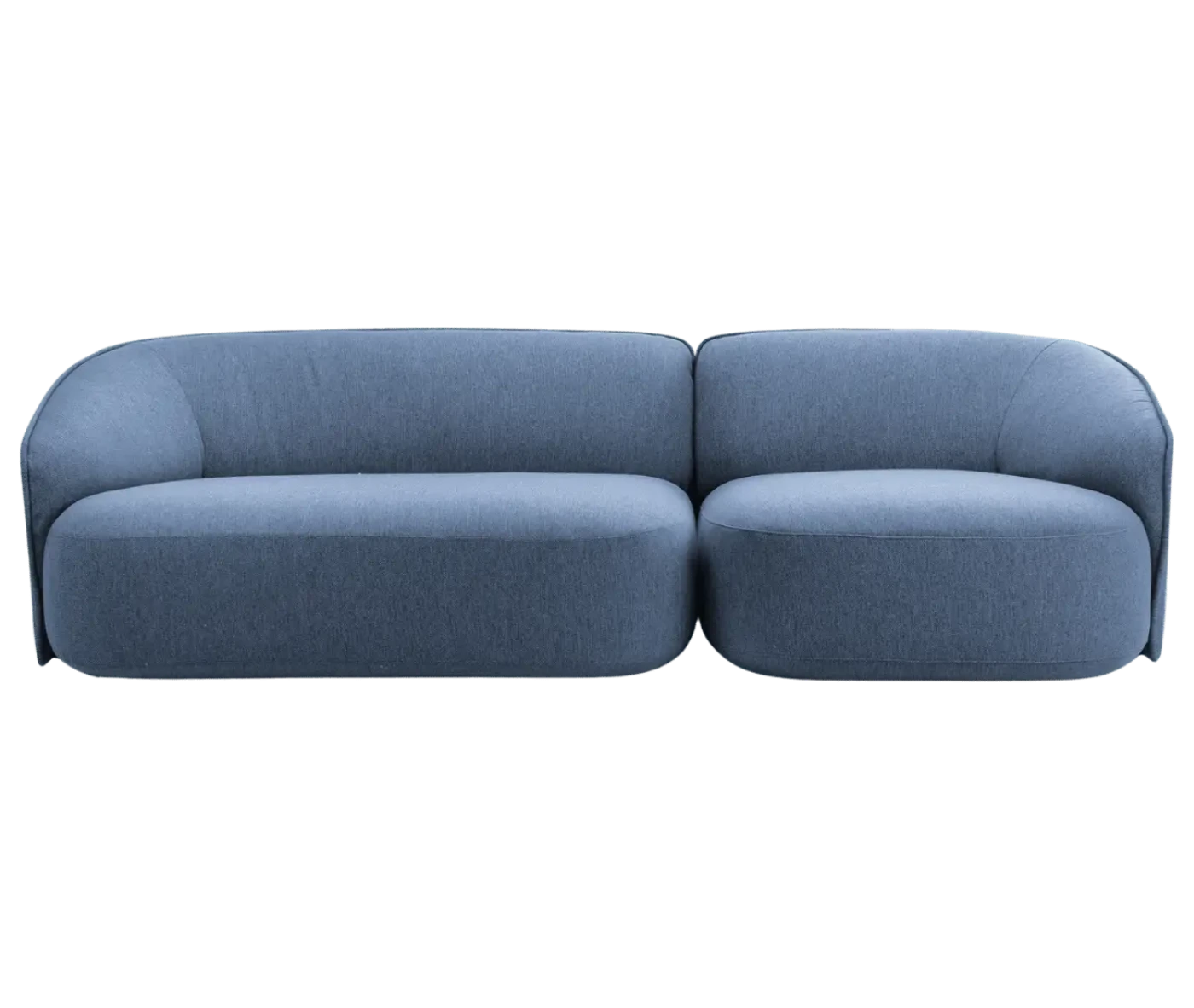 True Sibylla modular sofa shown in front view with curved backrests and blue upholstery.