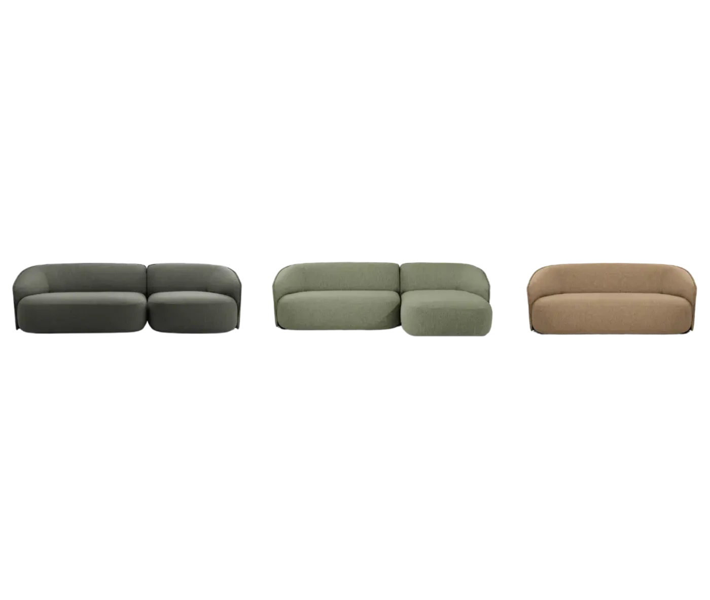 True Sibylla modular sofa shown in front view with assorted upholstery colours and multiple module configurations.