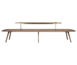 True Wing Library table in front view with integrated brass reading lamp, timber top and timber legs.