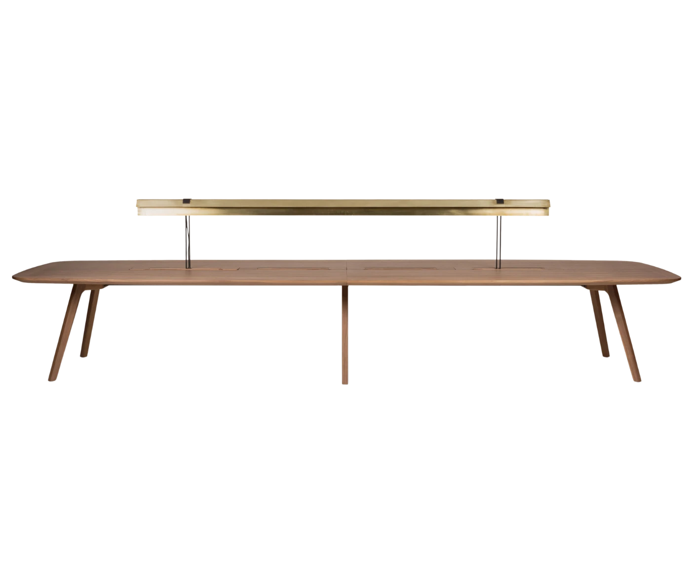 True Wing Library table in front view with integrated brass reading lamp, timber top and timber legs.