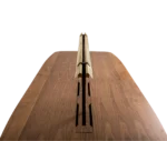 Top view of the True Wing Library table with dark timber tabletop and integrated brass reading lamp.