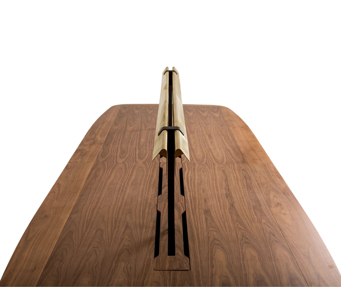 Top view of the True Wing Library table with dark timber tabletop and integrated brass reading lamp.