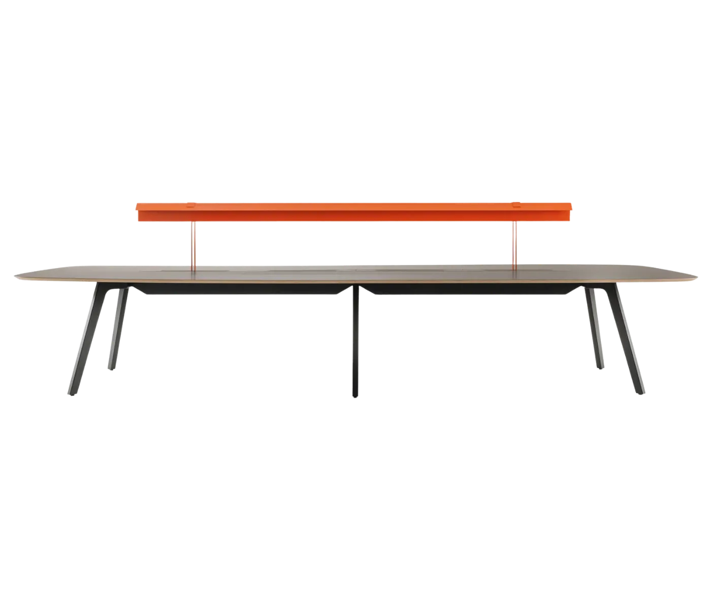 True Wing table in front view with dark timber top and frame, featuring an integrated brass reading lamp in orange finish.