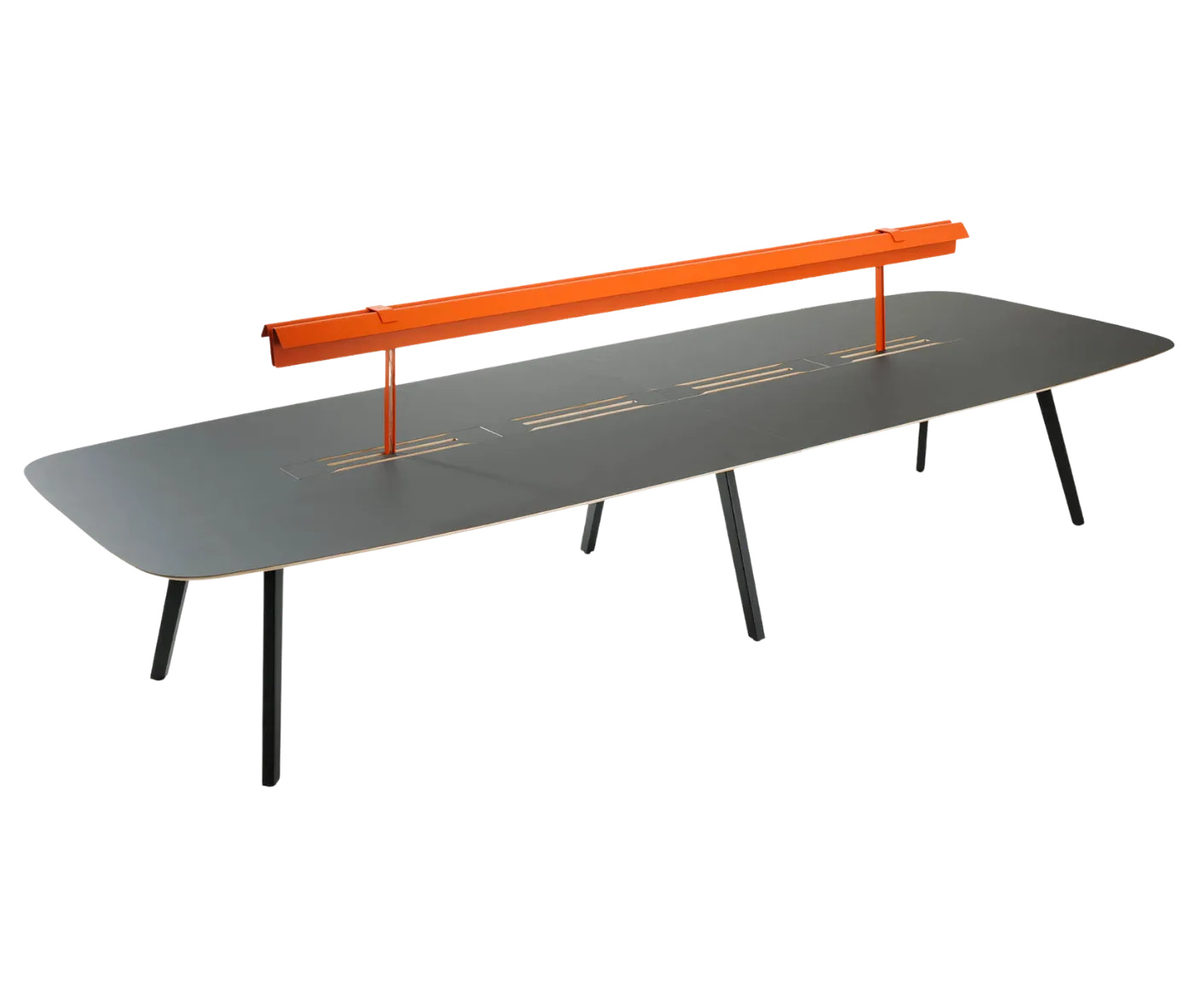 True Wing table in front-right view with dark timber top and frame, featuring an integrated brass reading lamp in orange finish.