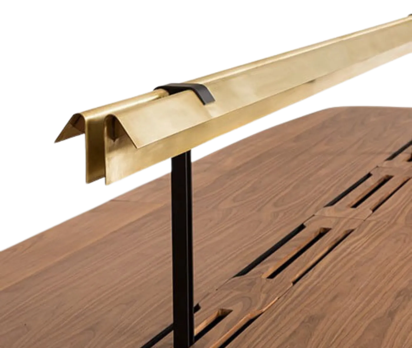 True Wing Library table in close-up view with integrated brass lamp.