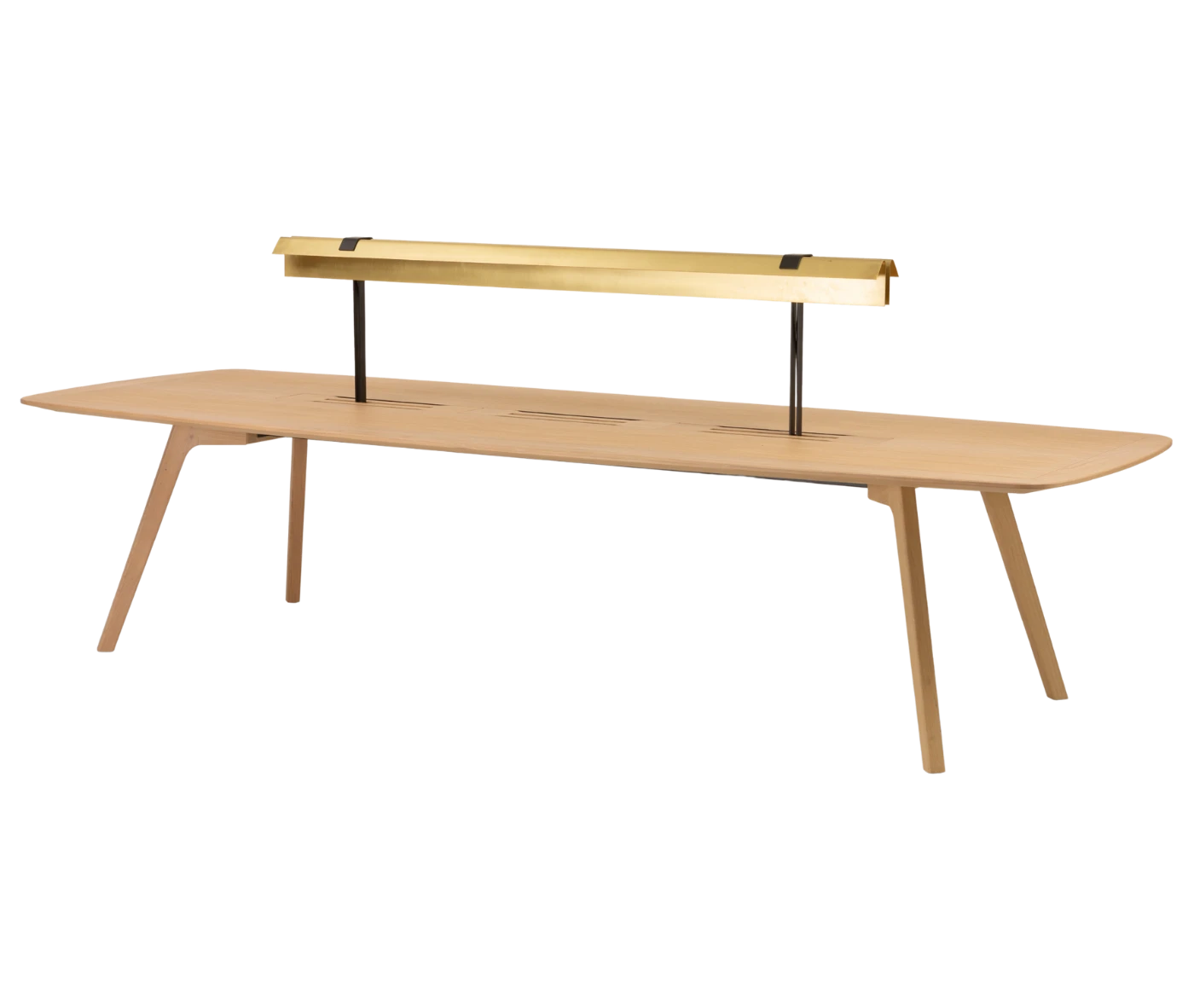 True Wing Library table in front-left view with integrated brass reading lamp, timber top and timber legs.