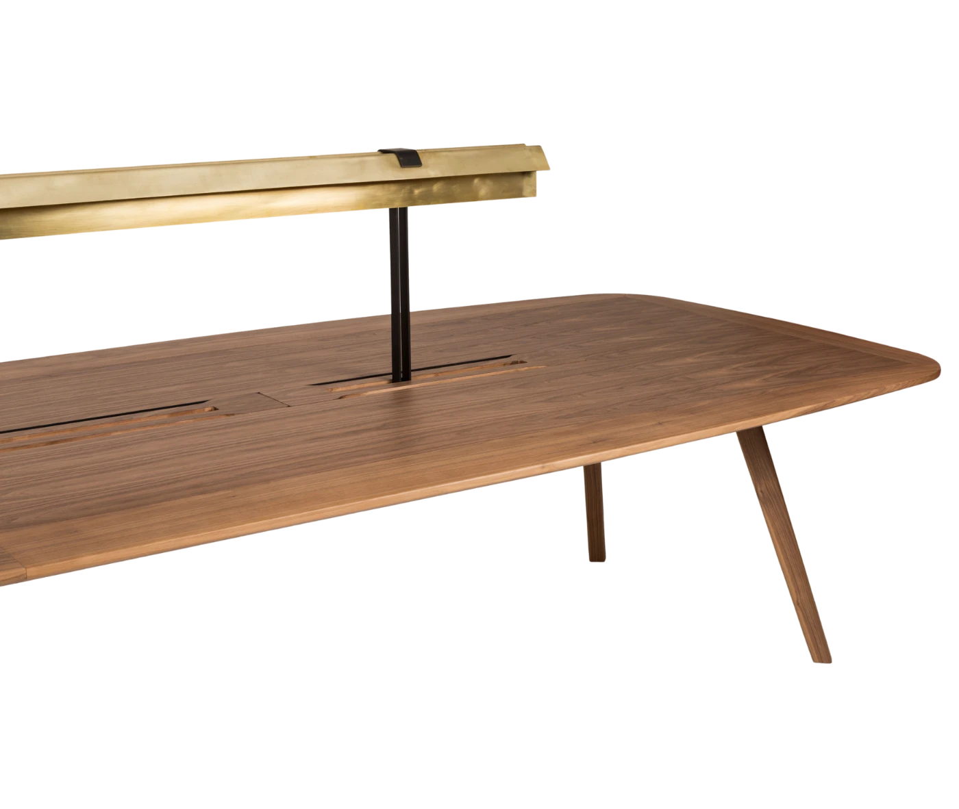 Half close-up of True Wing Library table with integrated brass reading lamp, timber top and timber legs.