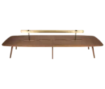 True Wing Library table in elevated view with integrated brass reading lamp, timber top and timber legs.