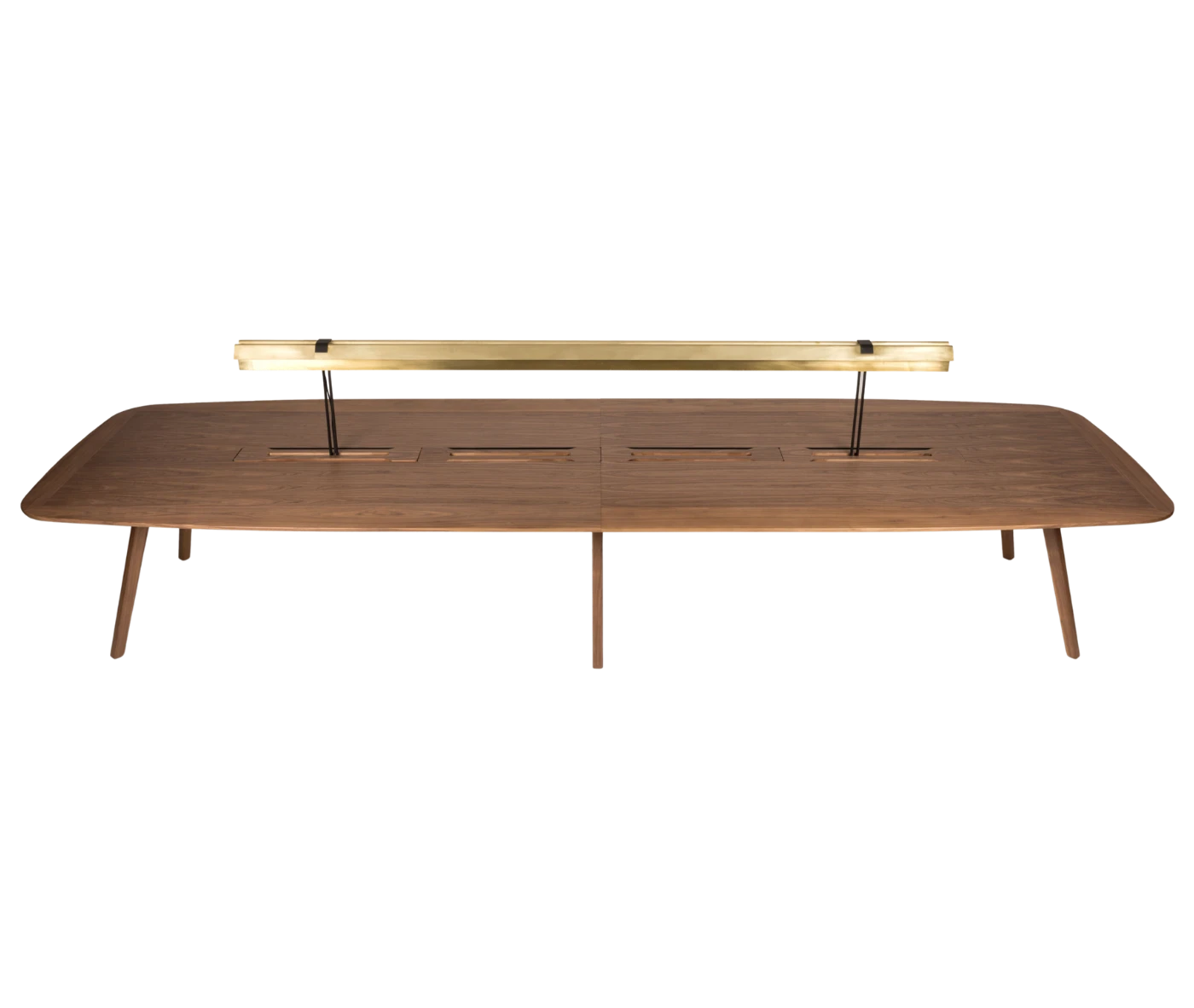 True Wing Library table in elevated view with integrated brass reading lamp, timber top and timber legs.
