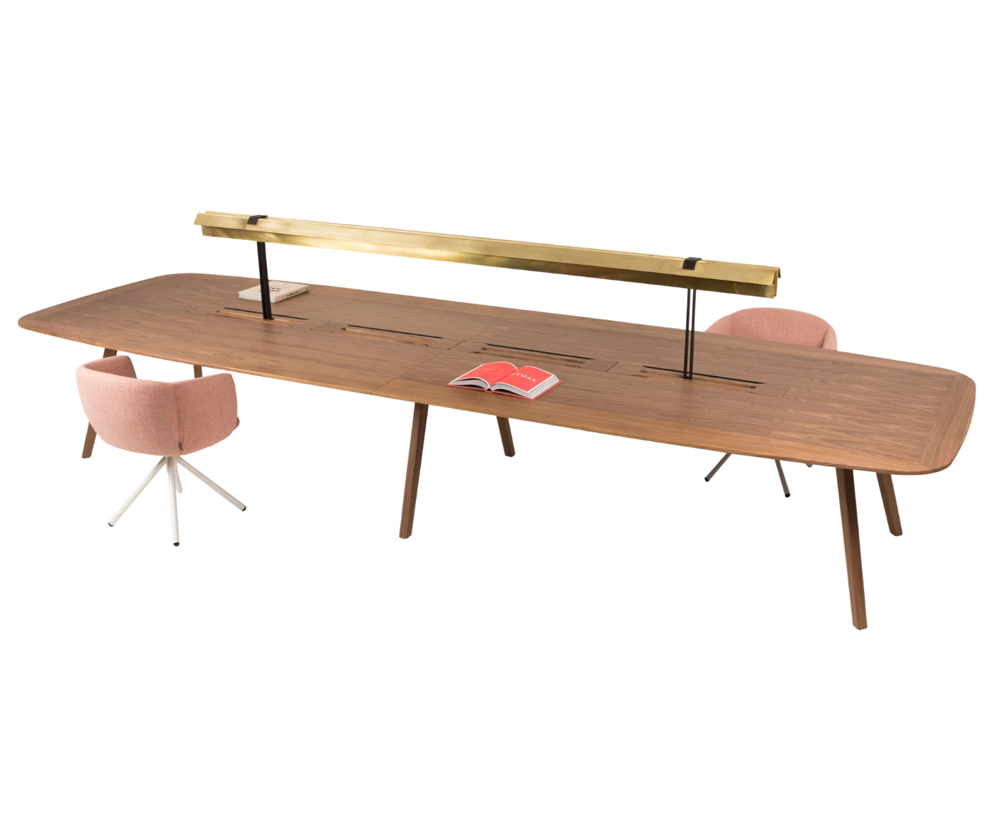 True Wing Library table in front-left view with long timber tabletop, timber legs and integrated brass reading lamp.