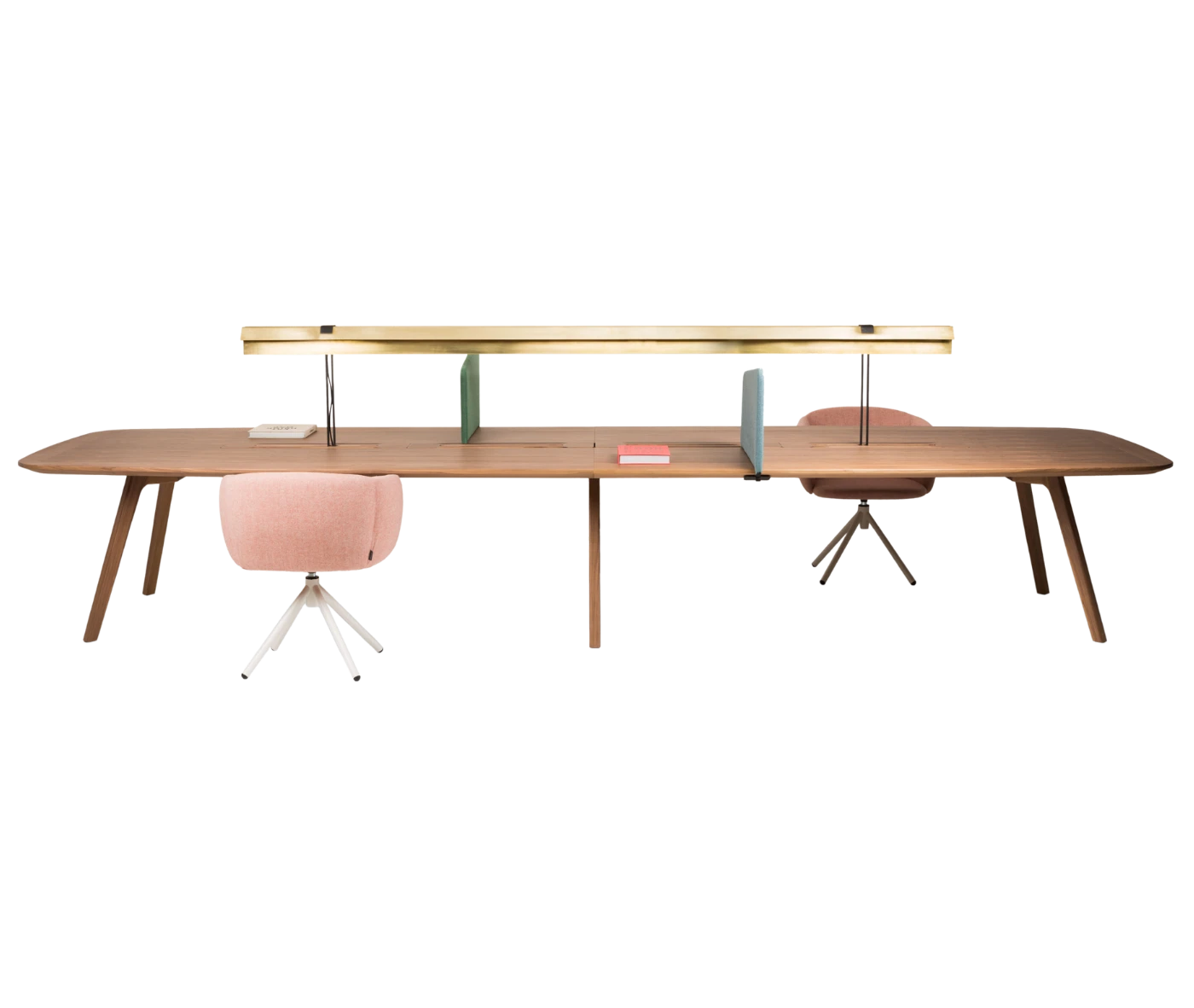 True Wing Library table in front view with long timber tabletop, timber legs and integrated brass reading lamp.
