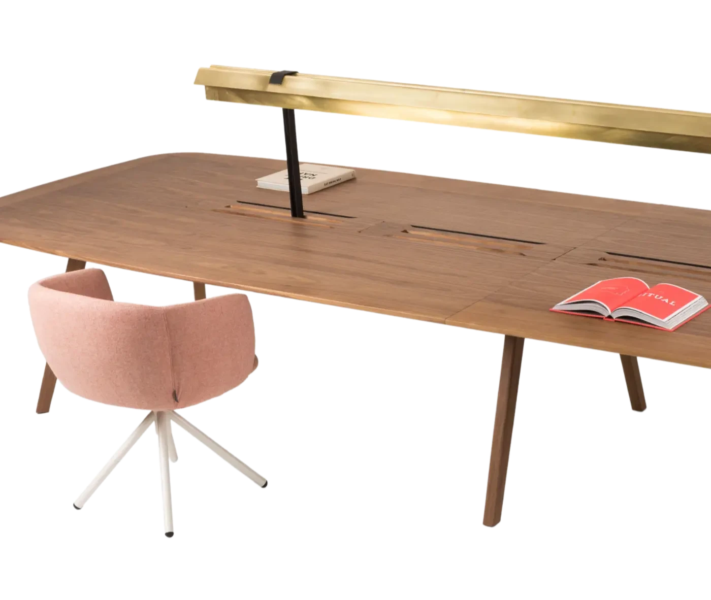 Close-up of True Wing Library table with long dark timber tabletop, integrated brass reading lamp and workspace accessories.