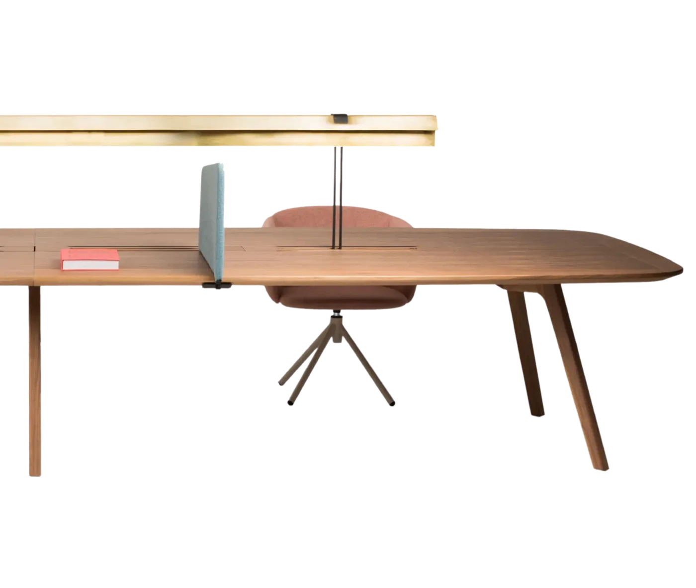 Half view of True Wing Library table with dark timber tabletop, integrated brass reading lamp and workspace accessories.