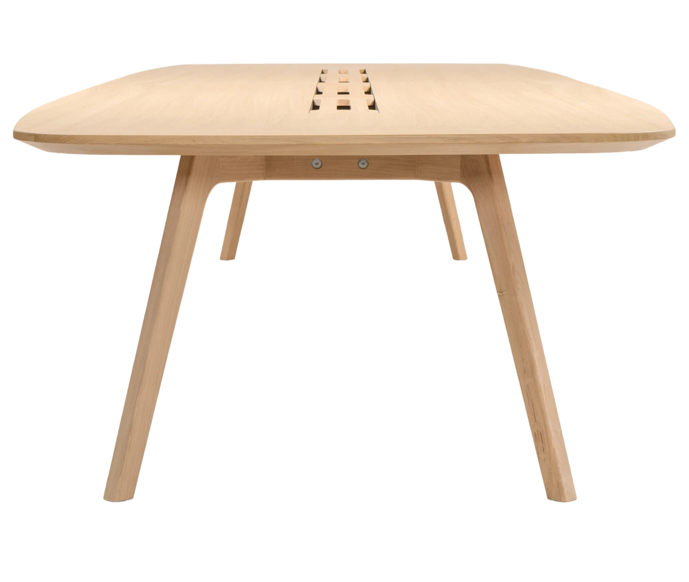 True Wing Meeting table in side view with light timber tabletop and timber legs.