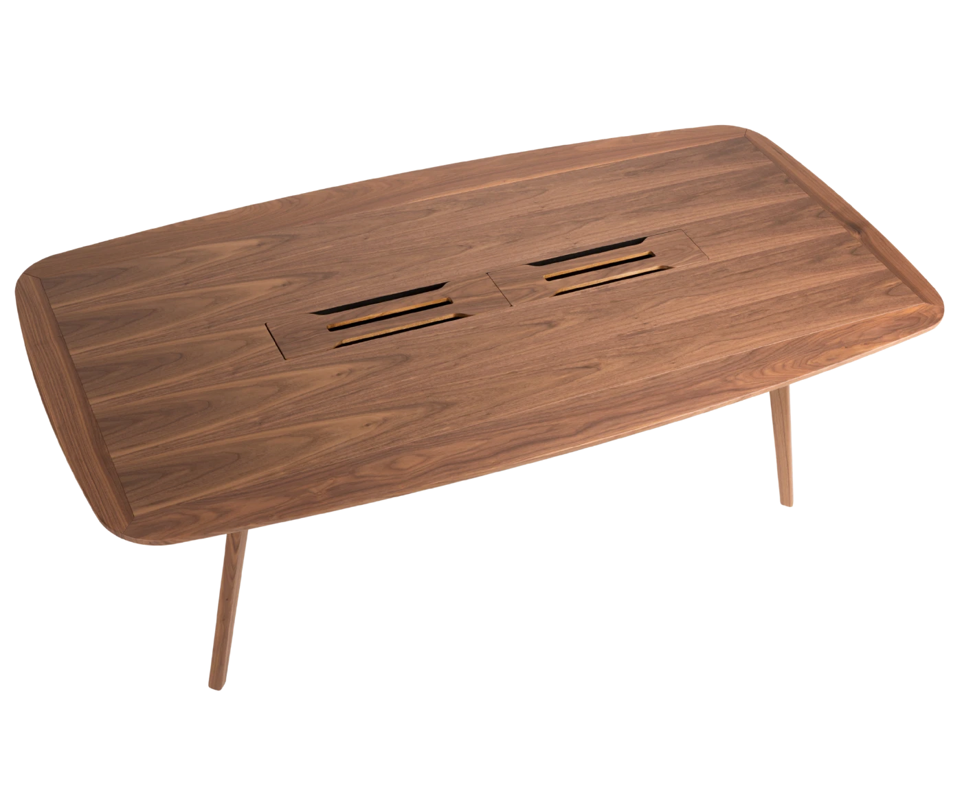 True Wing Meeting table in top view with dark timber tabletop and timber legs.