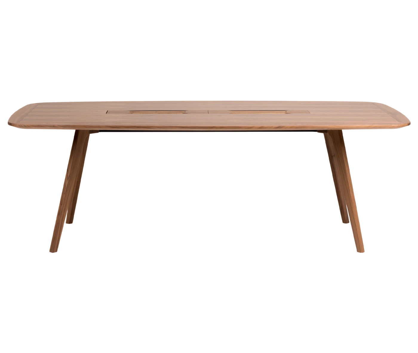 True Wing Meeting table in front view with dark timber tabletop and timber legs.