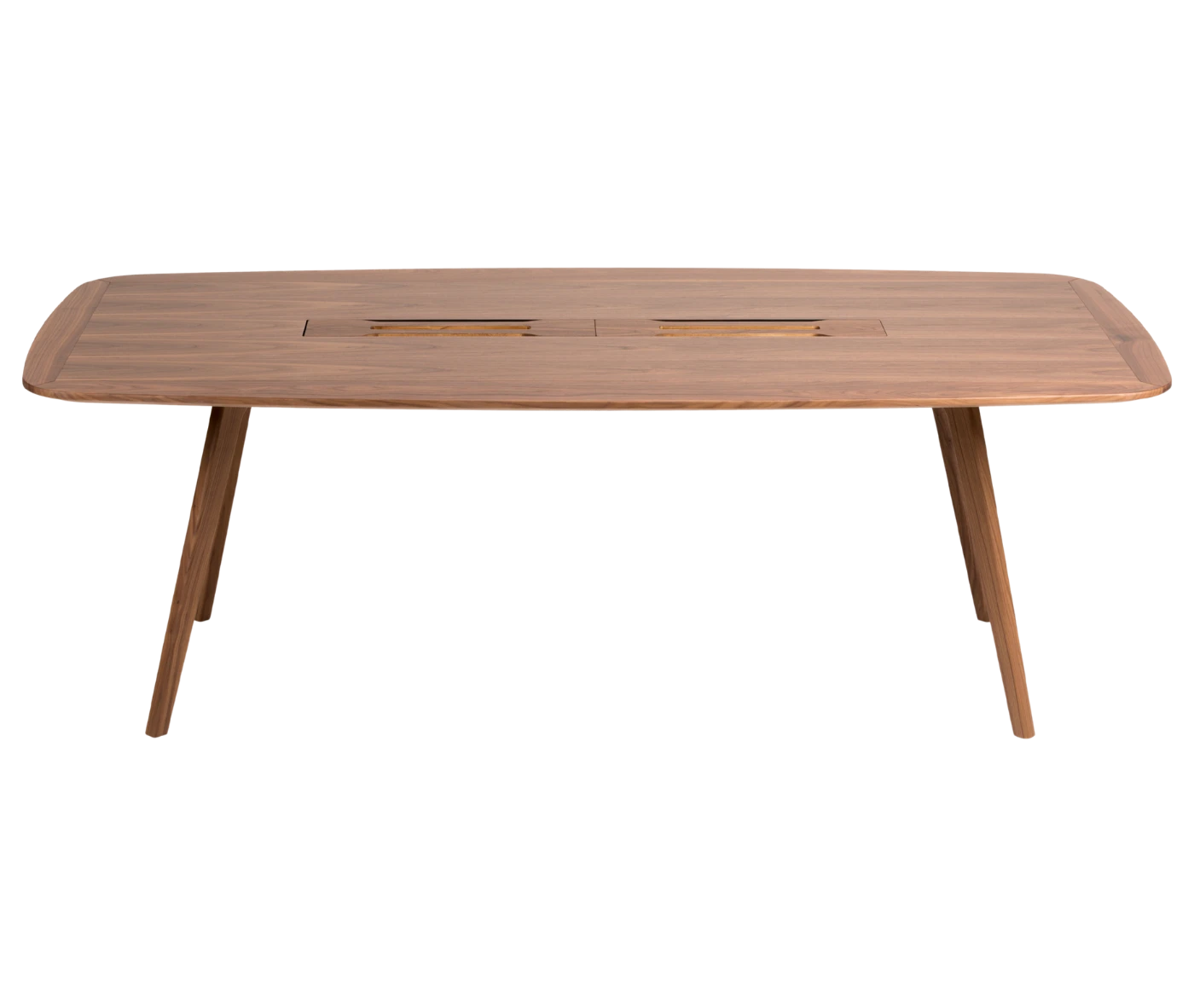 True Wing Meeting table in elevated view with dark timber tabletop and timber legs.