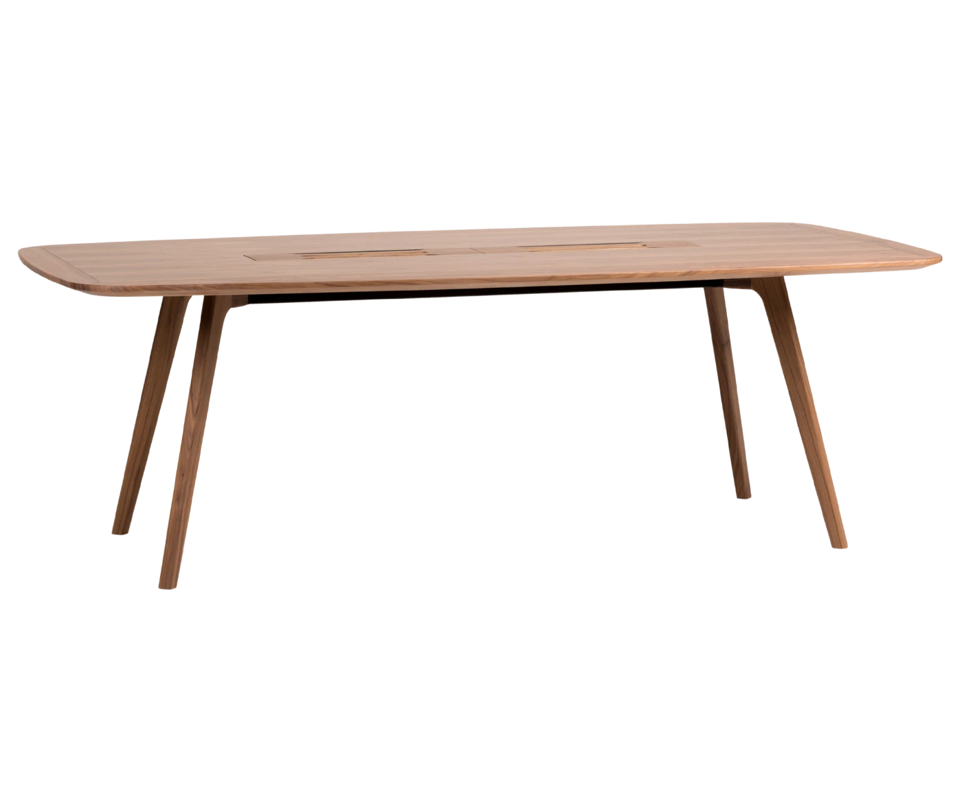 True Wing Meeting table in front-right view with dark timber tabletop and timber legs.