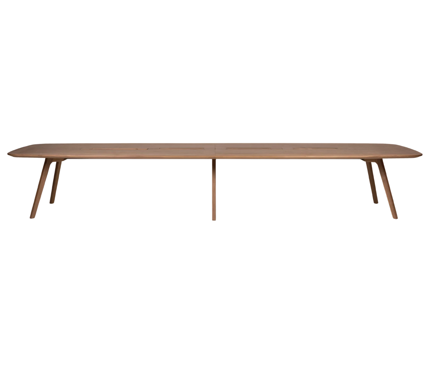 True Wing Meeting table in front view with long dark timber tabletop and timber legs.