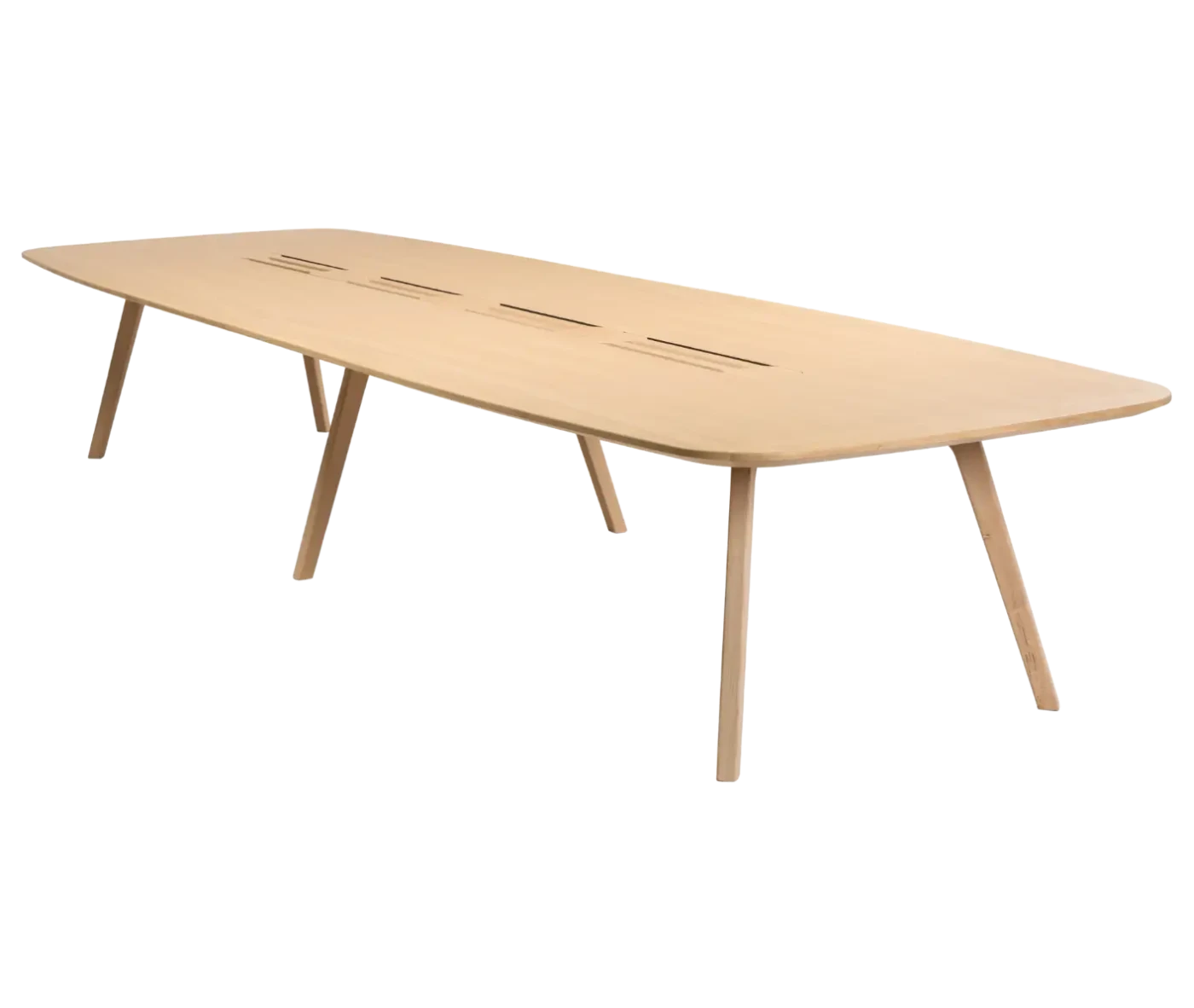True Wing Meeting table in elevated view with long light timber tabletop and timber legs.