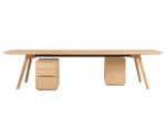 True Wing Meeting table in front view with long light timber tabletop, timber legs, and storage units.