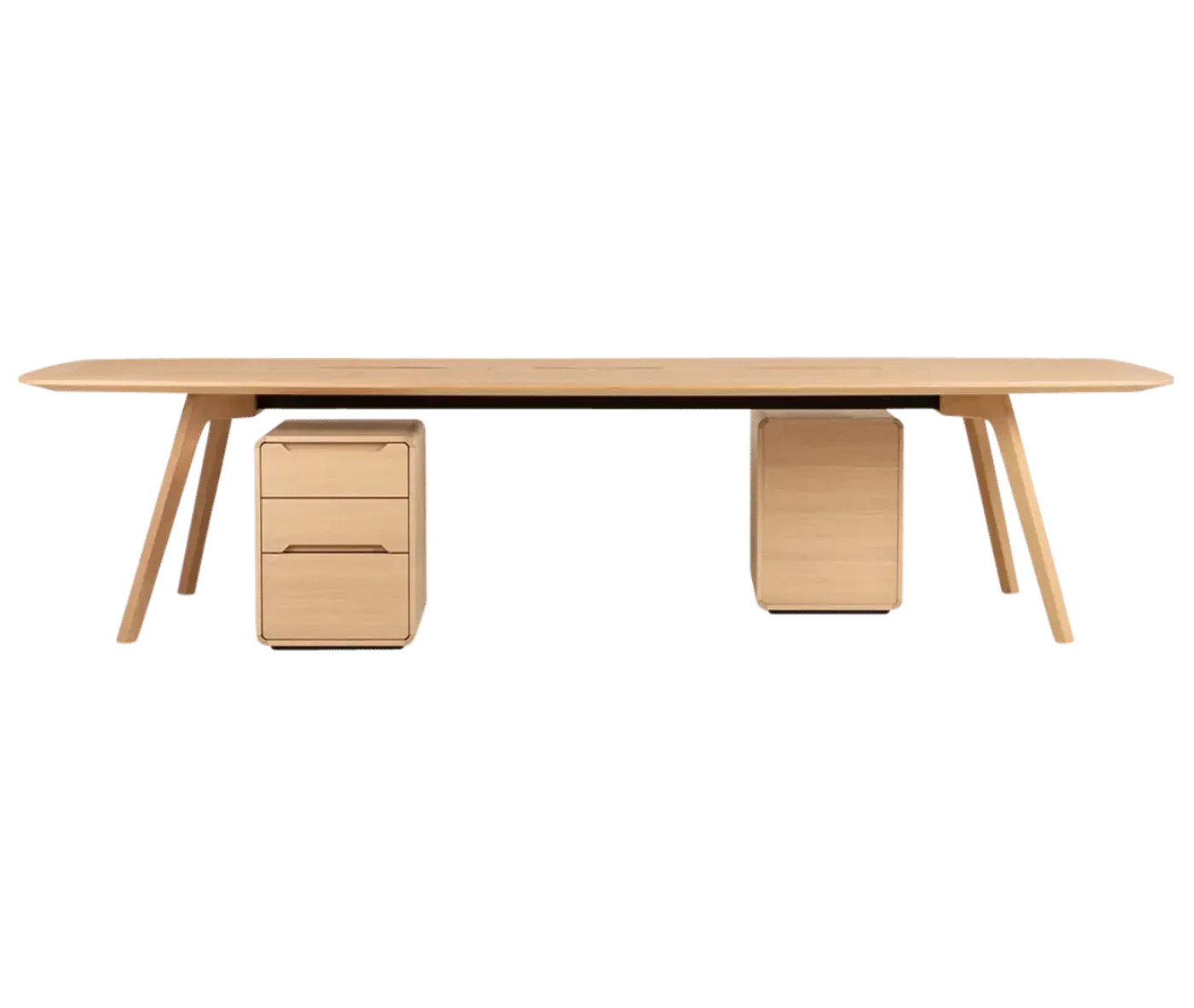 True Wing Meeting table in front view with long light timber tabletop, timber legs, and storage units.