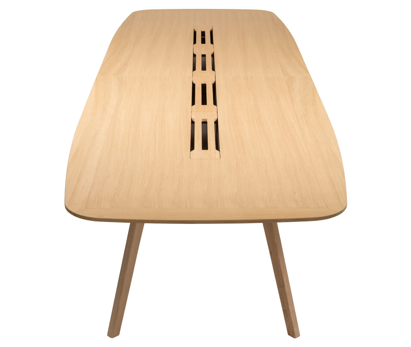 True Wing Meeting table in top view with light timber tabletop and timber legs.