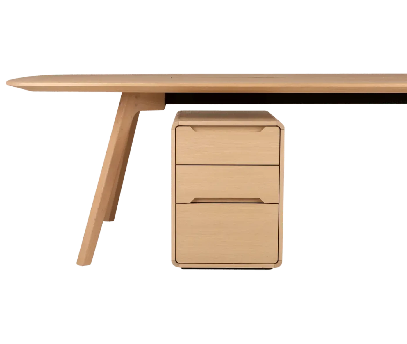 Close-up of True Wing Meeting table in with timber tabletop and legs.