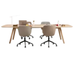 True Wing Meeting table in front view with light timber tabletop, timber legs, and workspace accessories.