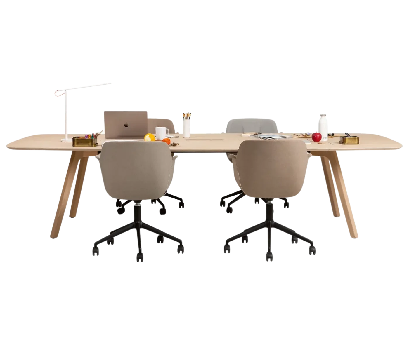 True Wing Meeting table in front view with light timber tabletop, timber legs, and workspace accessories.