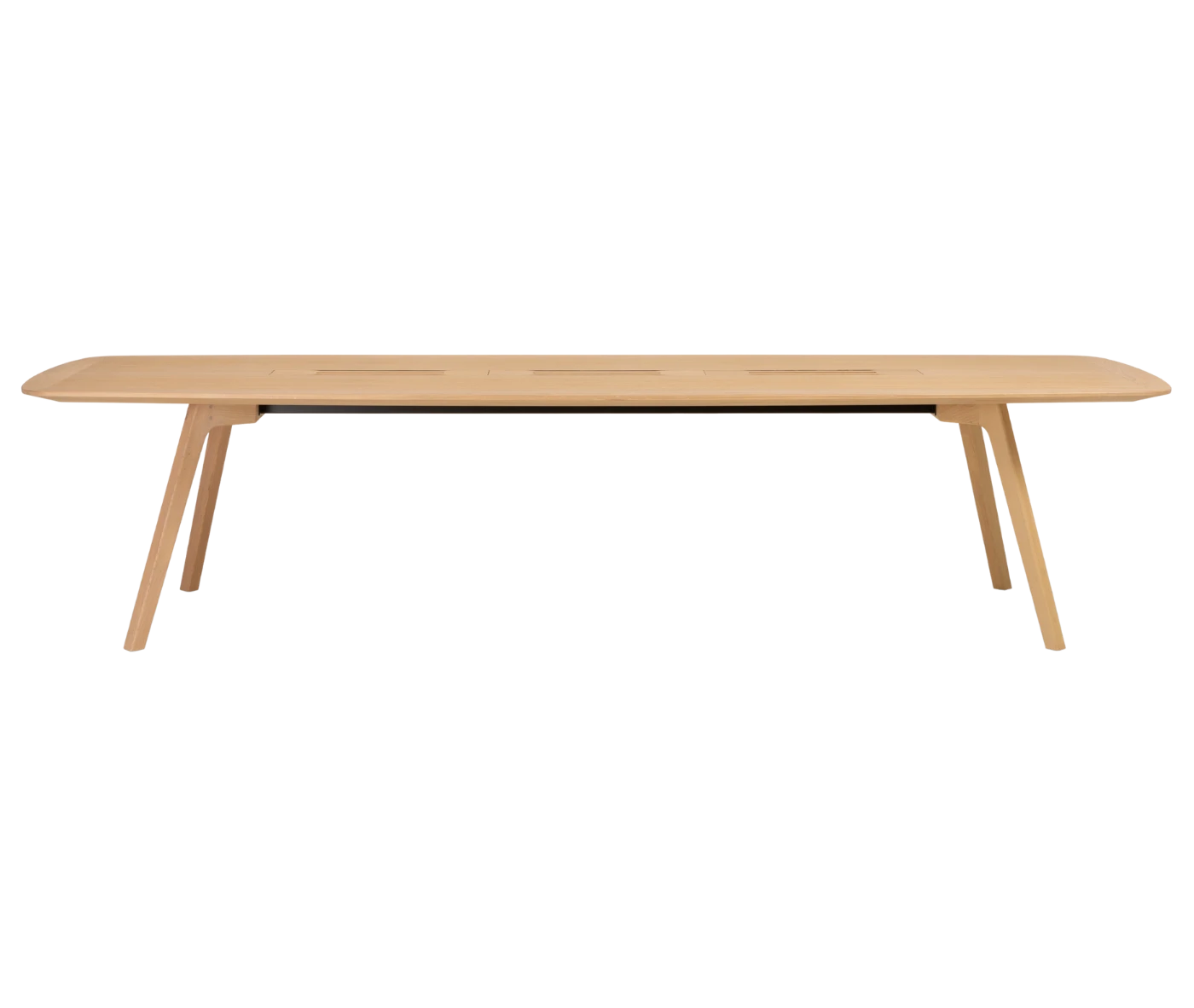 True Wing Meeting table in front view with long light timber tabletop and timber legs.