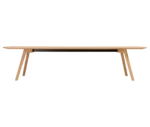 True Wing Meeting table in front view with long light timber tabletop and legs with steel beam for cable management.